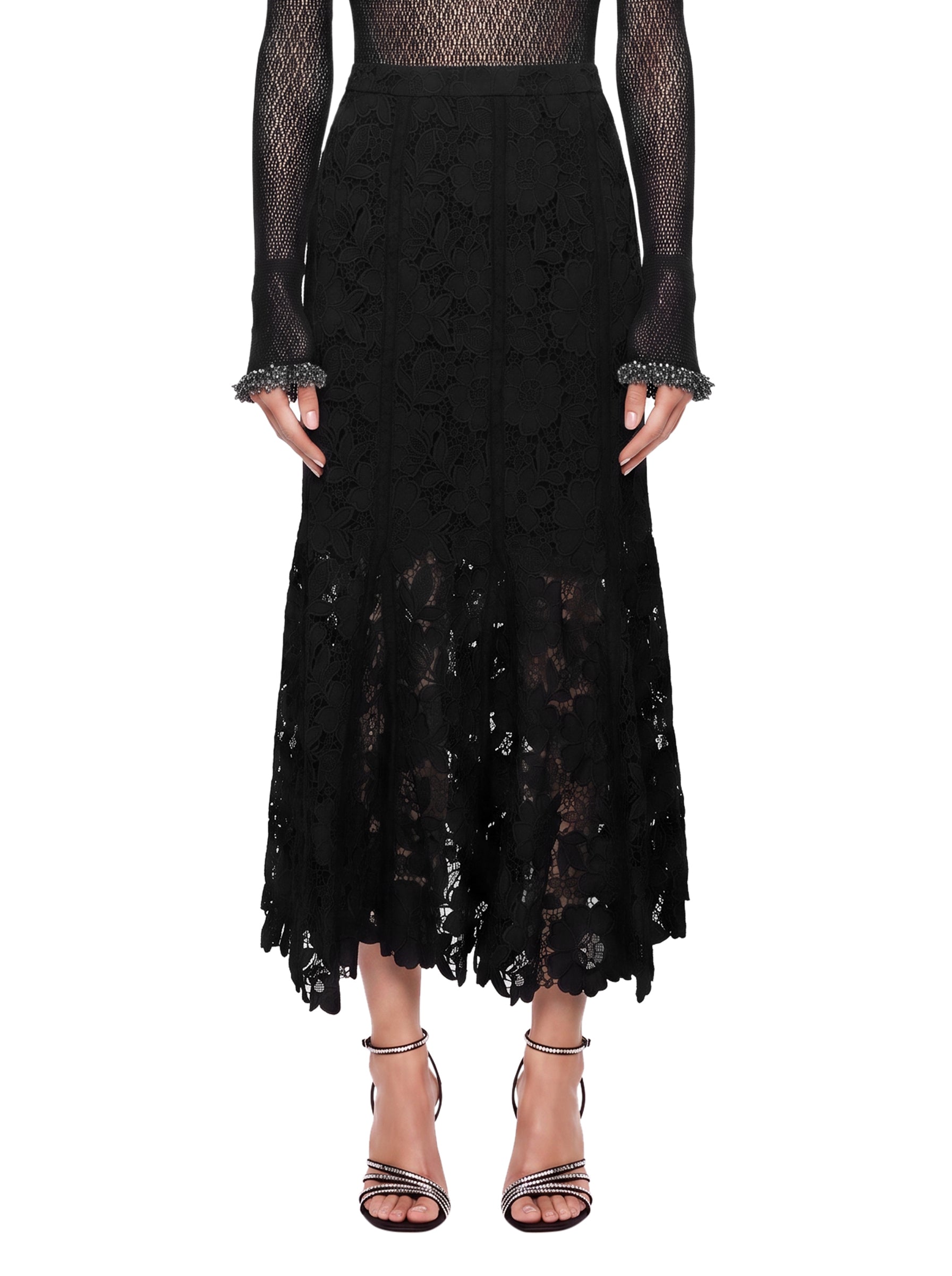 Gonna midi in pizzo in nero 