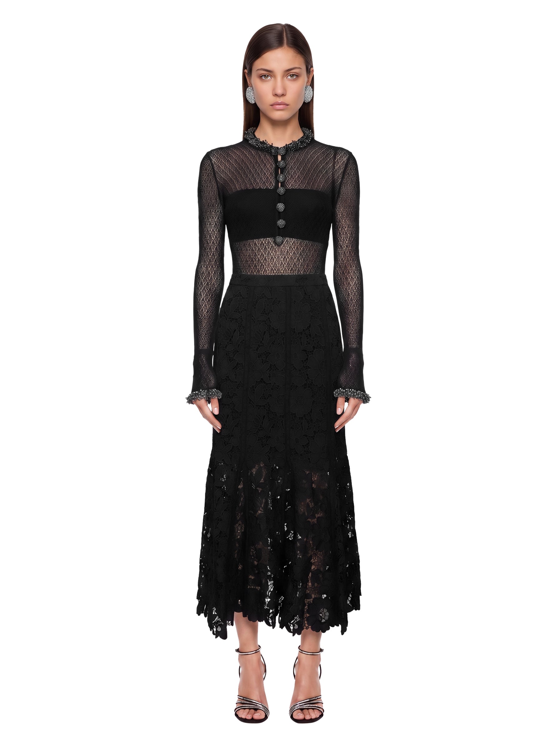 Gonna midi in pizzo in nero 