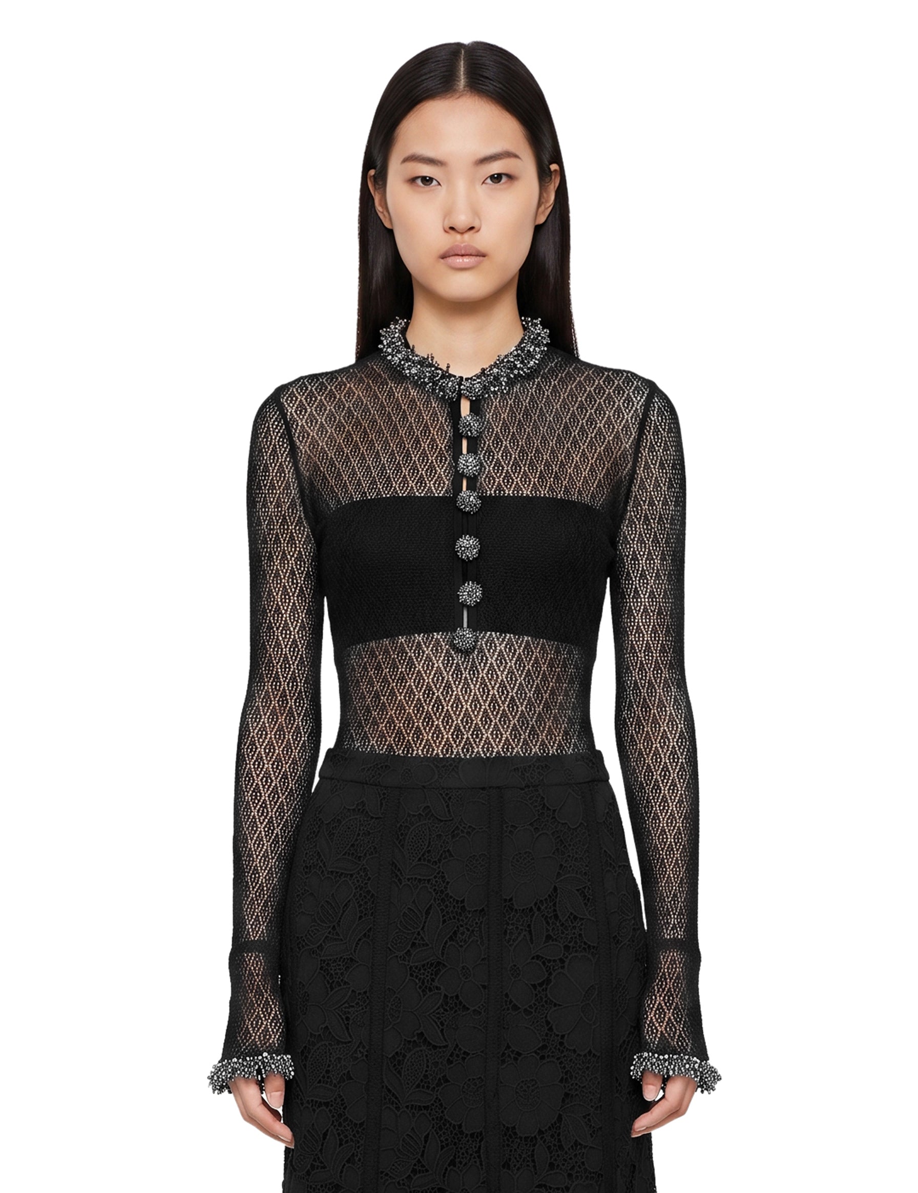 Body in mesh con dettagli decorativi applicati in nero 
