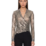 Top con strass a maniche lunghe in argento 