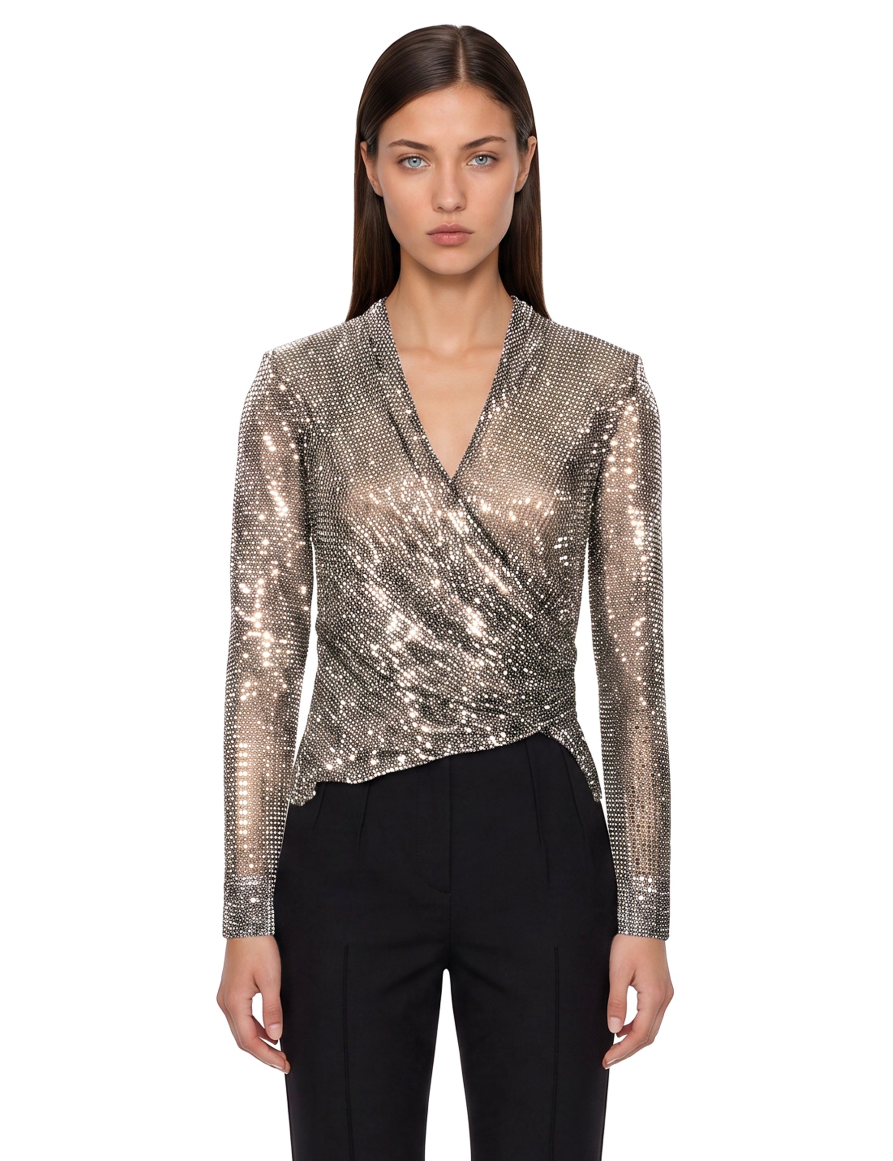 Top con strass a maniche lunghe in argento 
