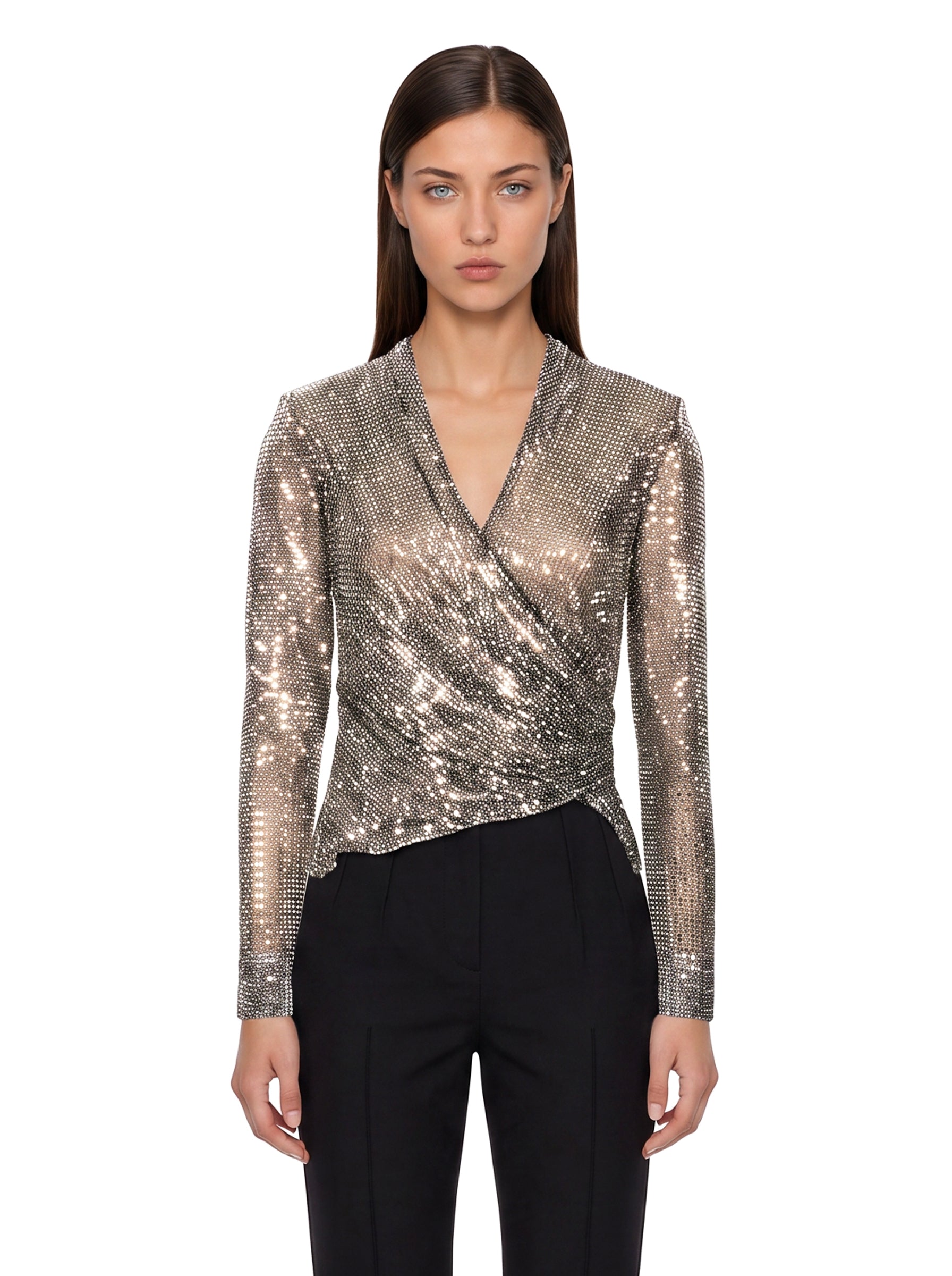 Top con strass a maniche lunghe in argento 
