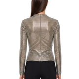 Top con strass a maniche lunghe in argento 