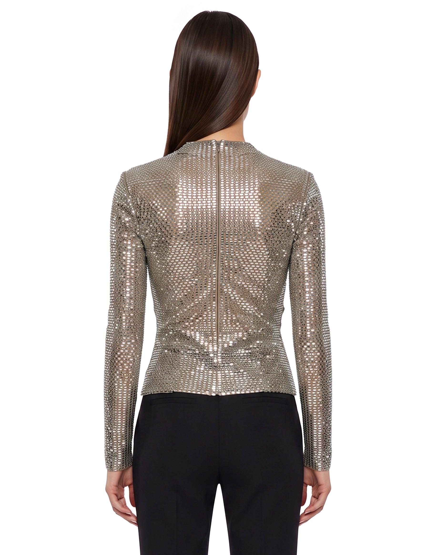Top con strass a maniche lunghe in argento 