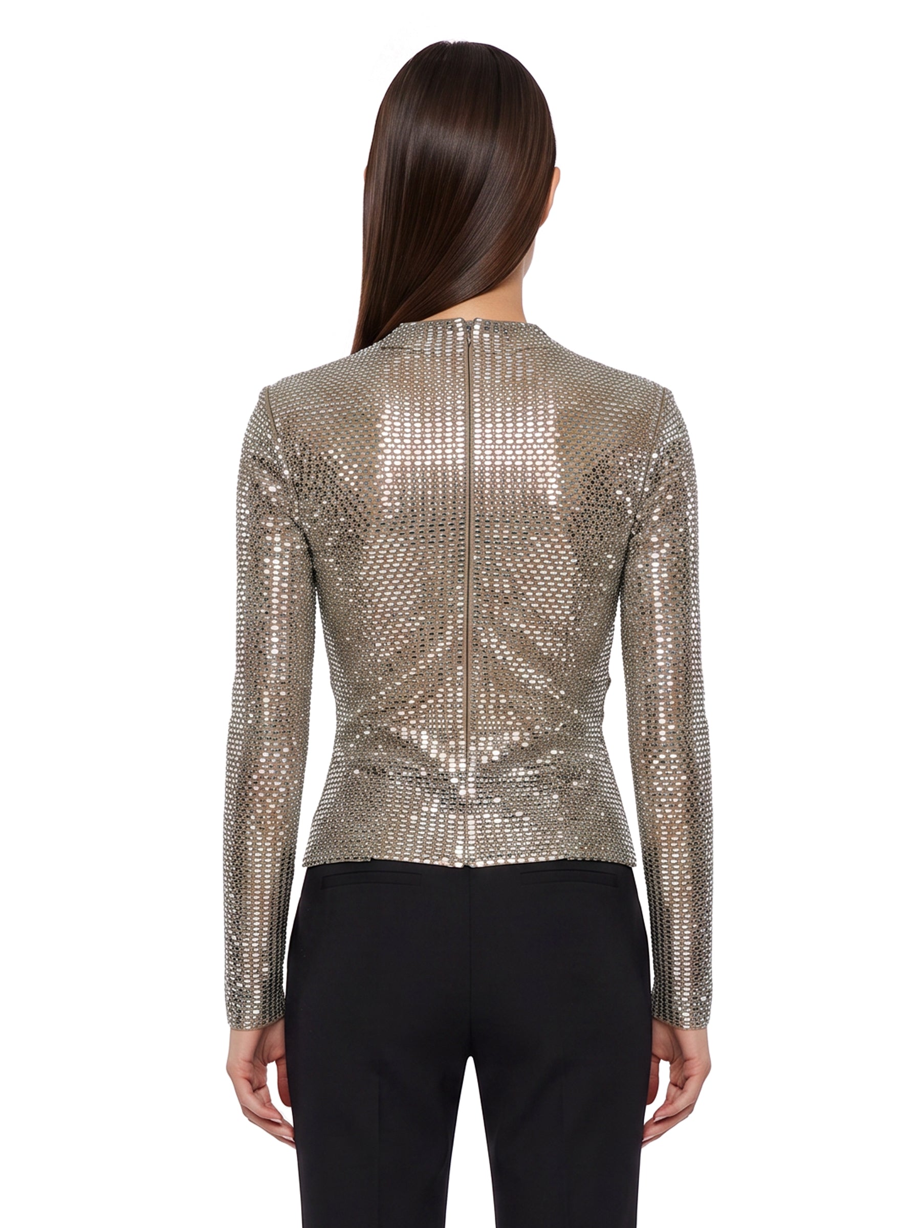 Top con strass a maniche lunghe in argento 