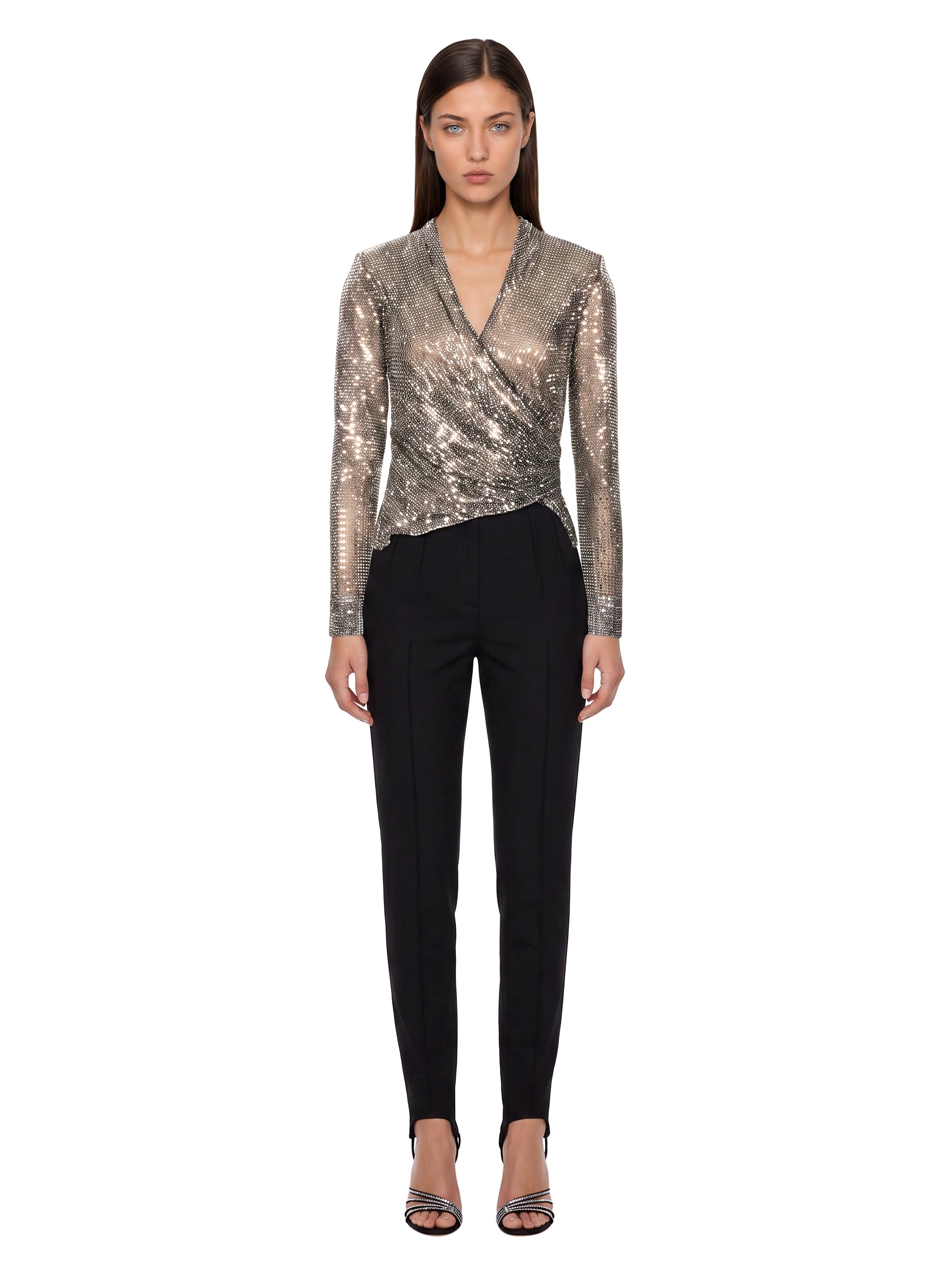 Top con strass a maniche lunghe in argento 