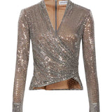 Top con strass a maniche lunghe in argento 