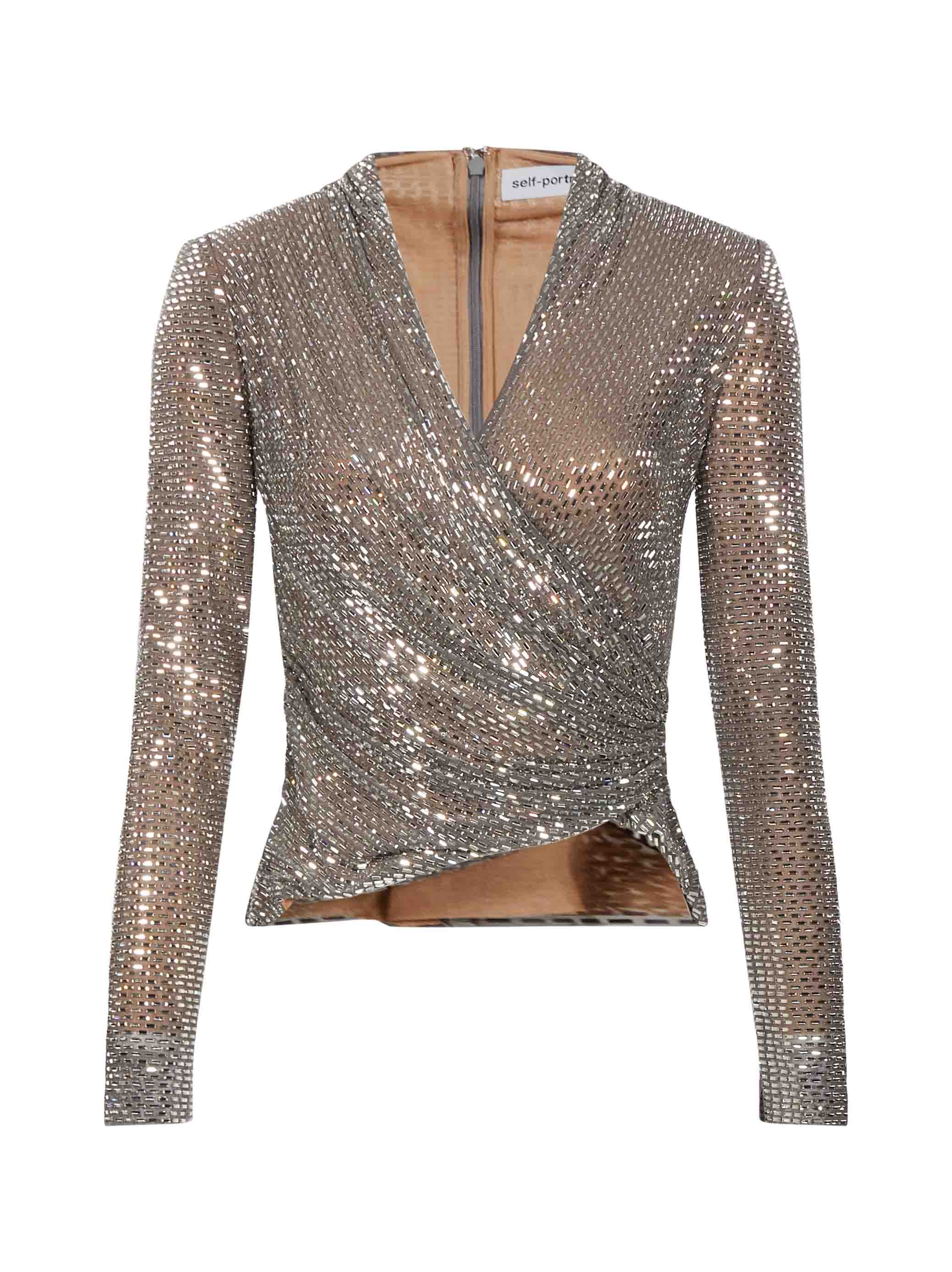 Top con strass a maniche lunghe in argento 