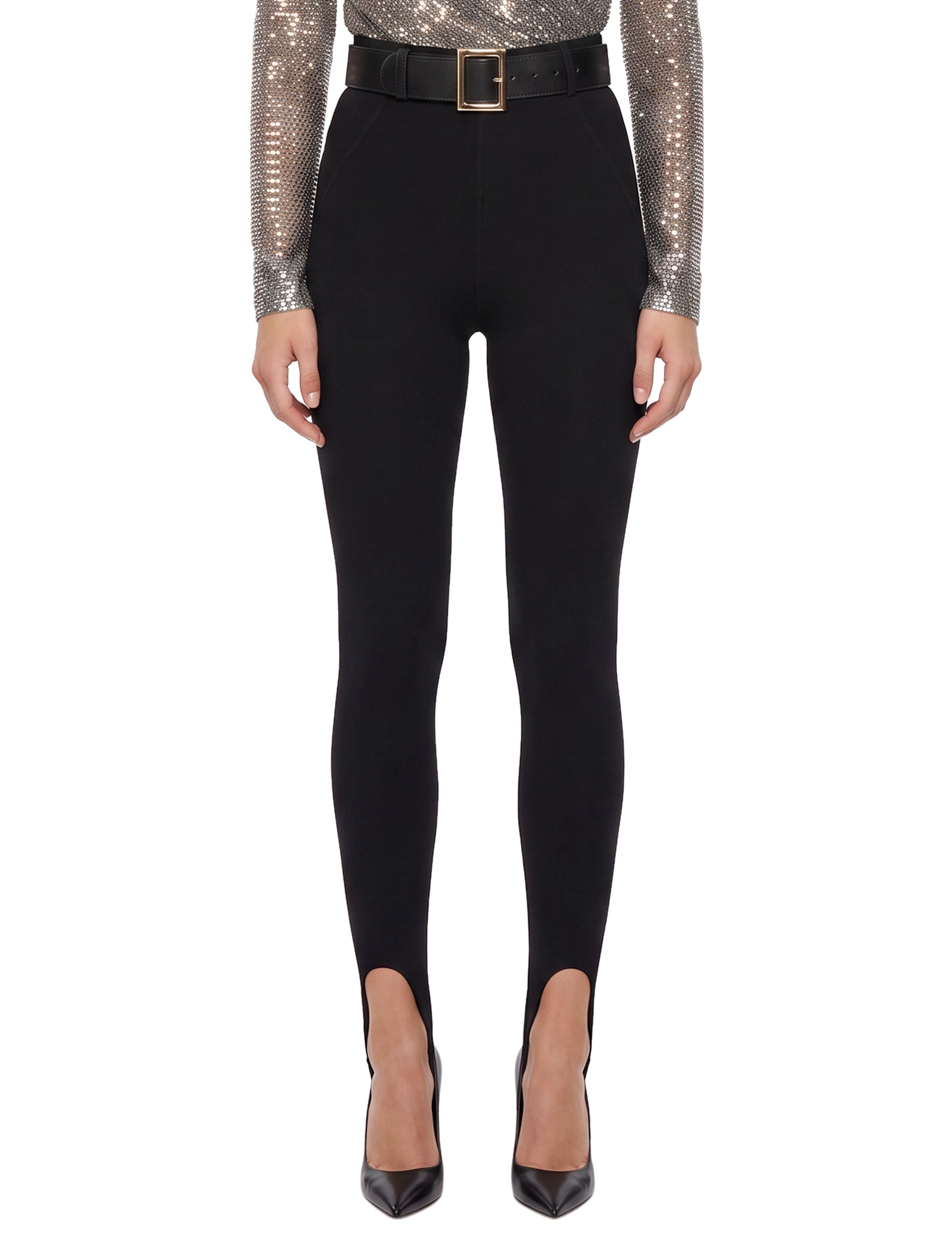 Leggings con staffe e cintura in nero 