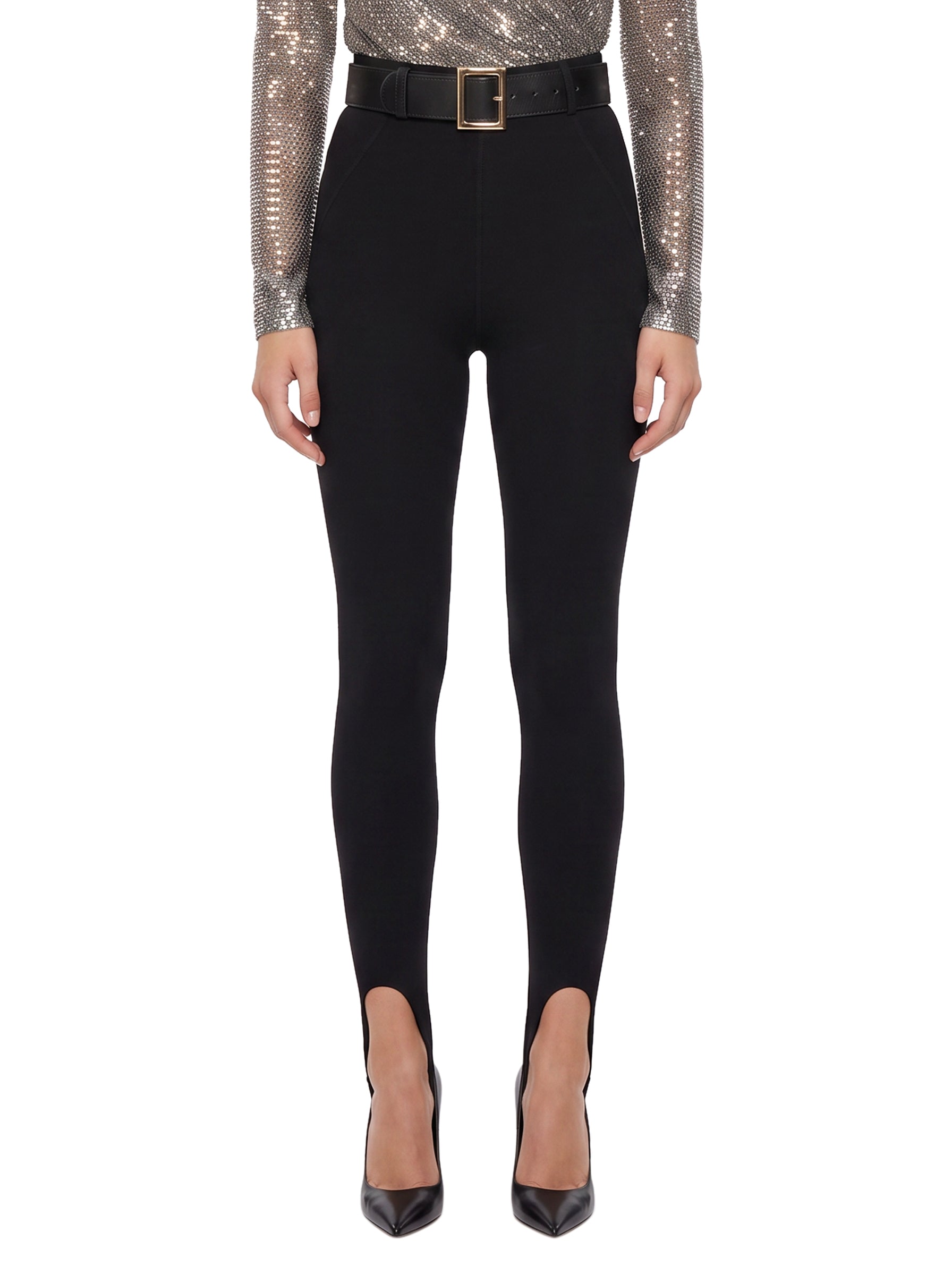 Leggings con staffe e cintura in nero 