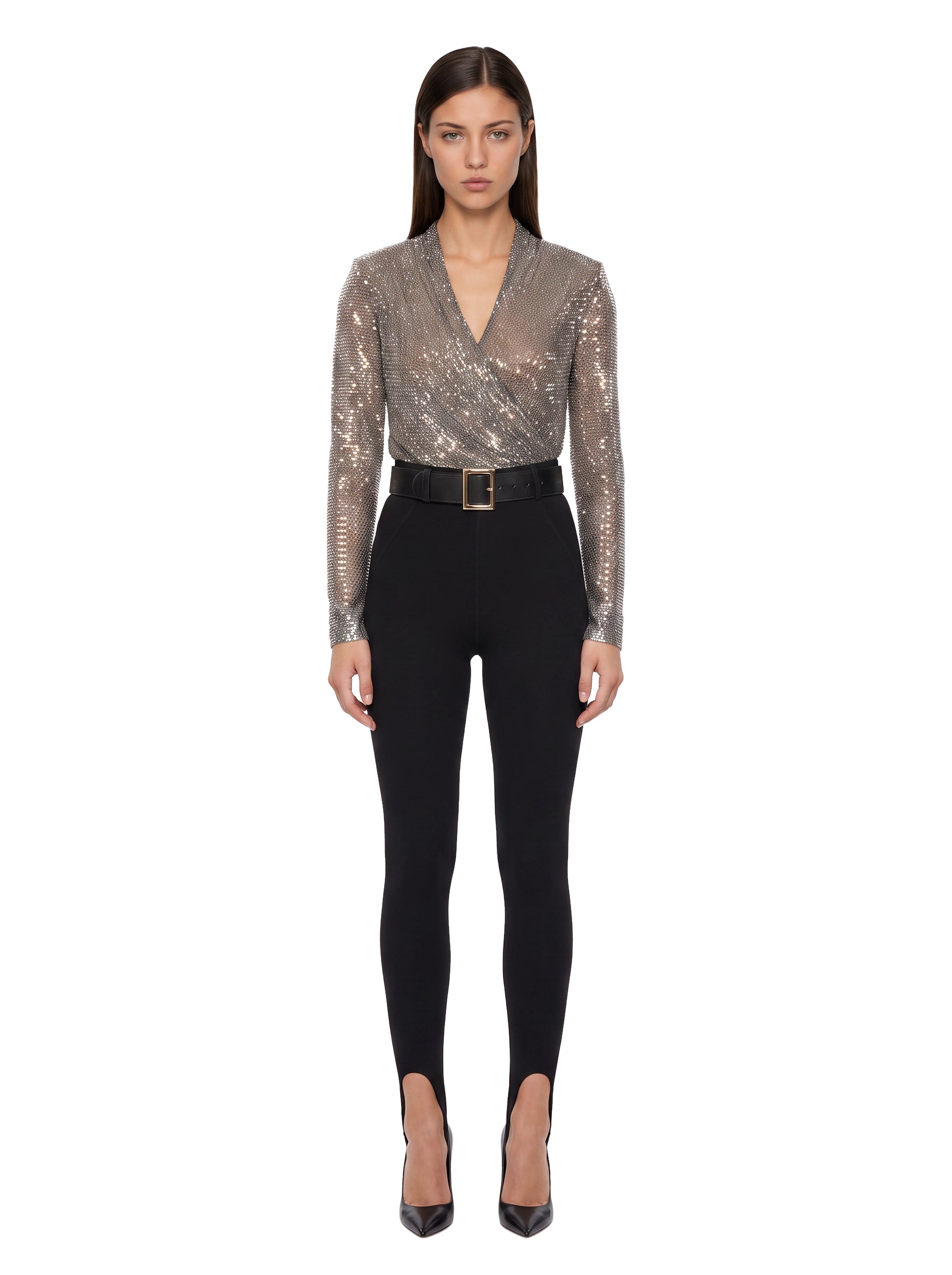 Leggings con staffe e cintura in nero 
