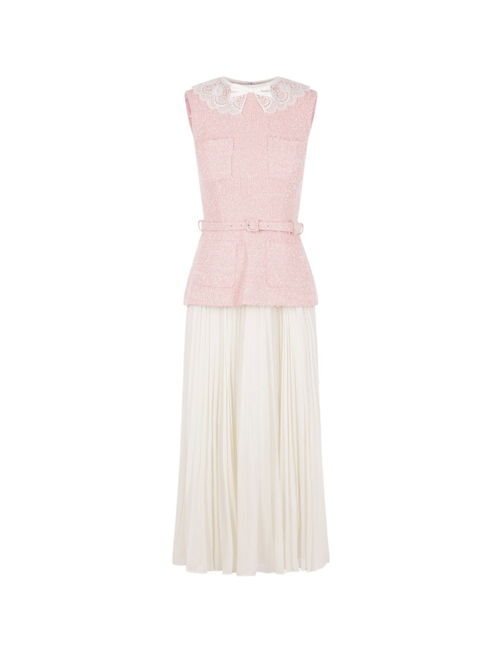 Abito midi in bouclé con collo in pizzo in rosa 