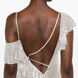 Abito lungo decorato con paillettes in platino 