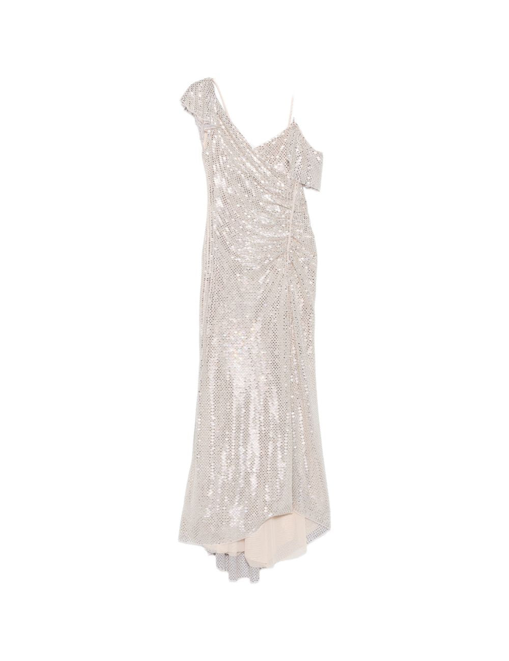 Abito lungo decorato con paillettes in platino 