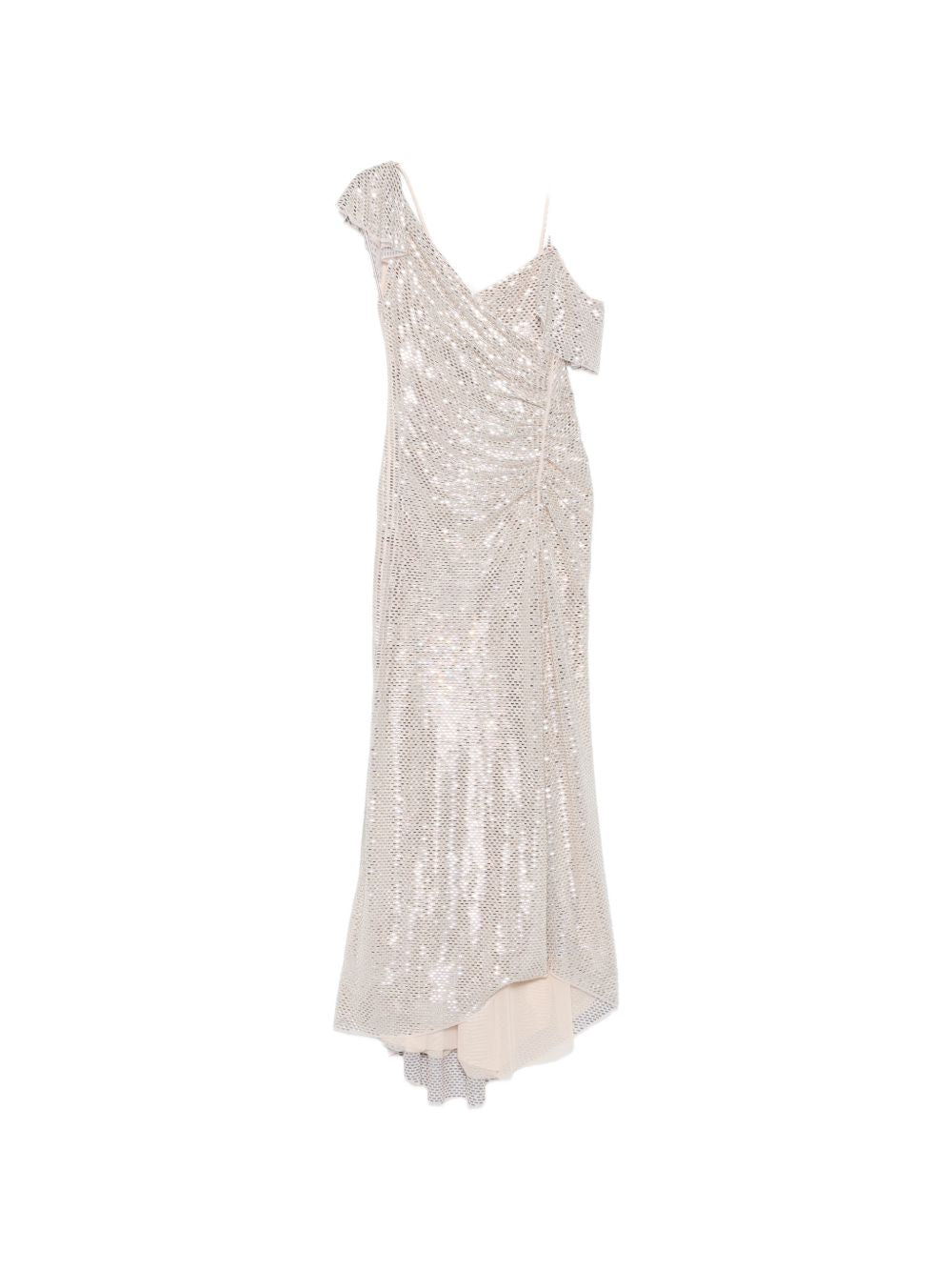 Abito lungo decorato con paillettes in platino 