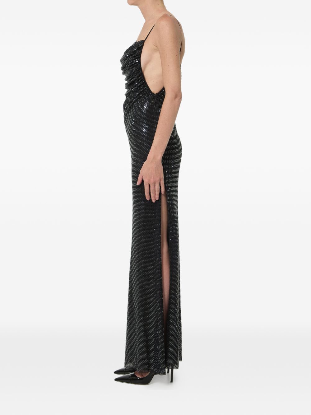 Abito lungo drappeggiato impreziosito da strass in nero 