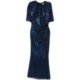 Abito midi con maniche a mantella e decorazioni di strass in blu 