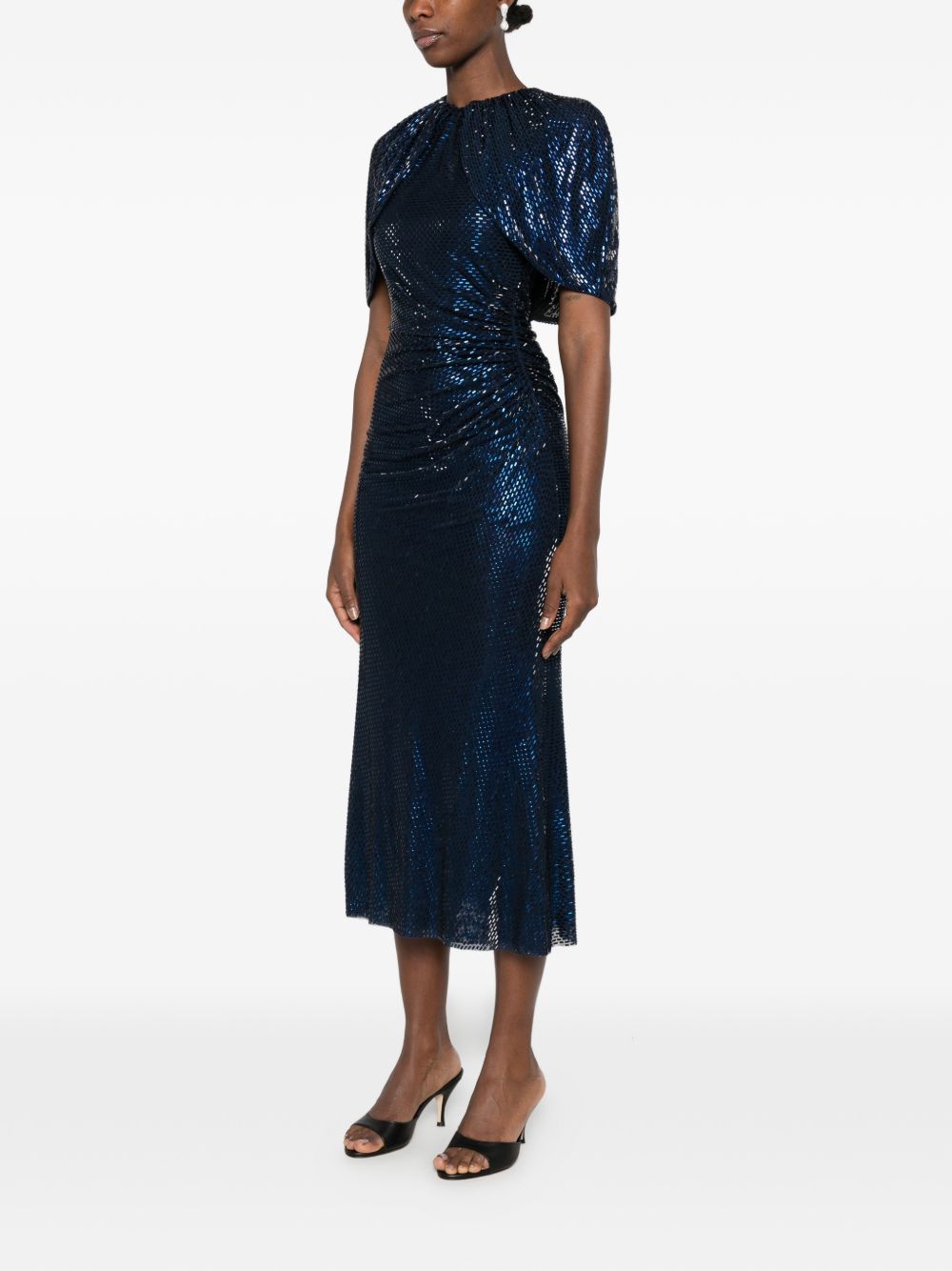 Abito midi con maniche a mantella e decorazioni di strass in blu 