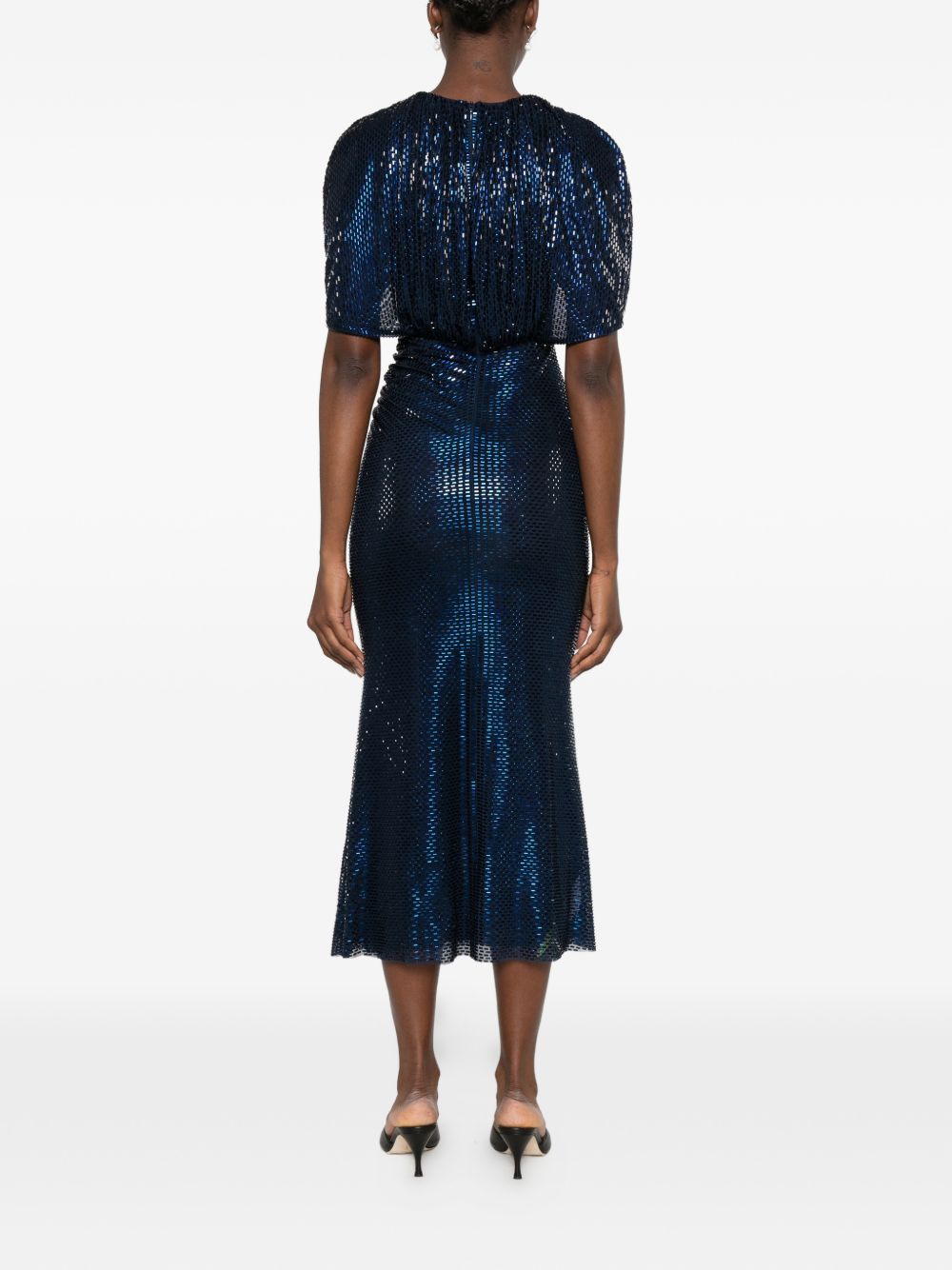 Abito midi con maniche a mantella e decorazioni di strass in blu 