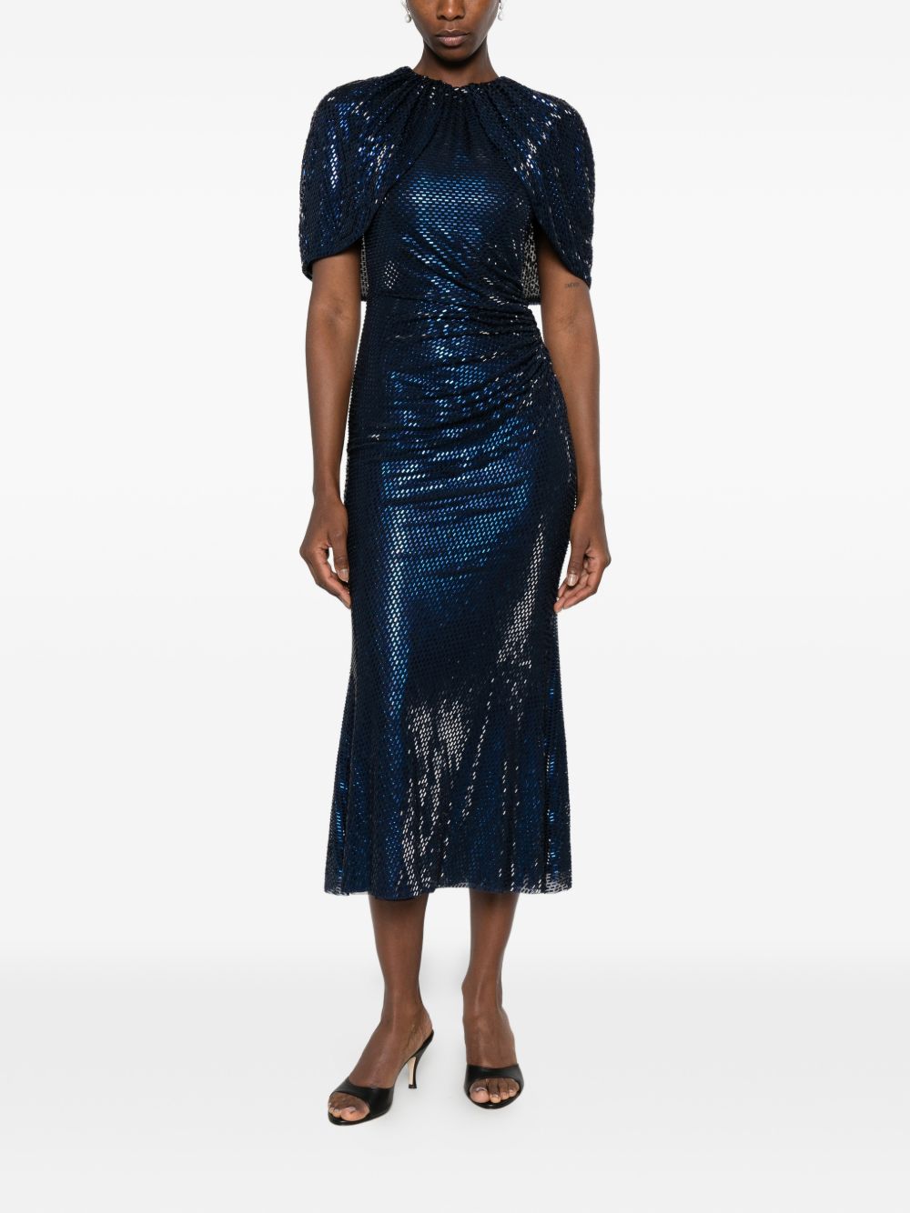 Abito midi con maniche a mantella e decorazioni di strass in blu 