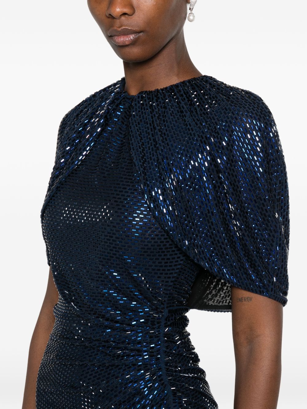Abito midi con maniche a mantella e decorazioni di strass in blu 