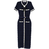 Abito midi con cintura e fiocco in blu 