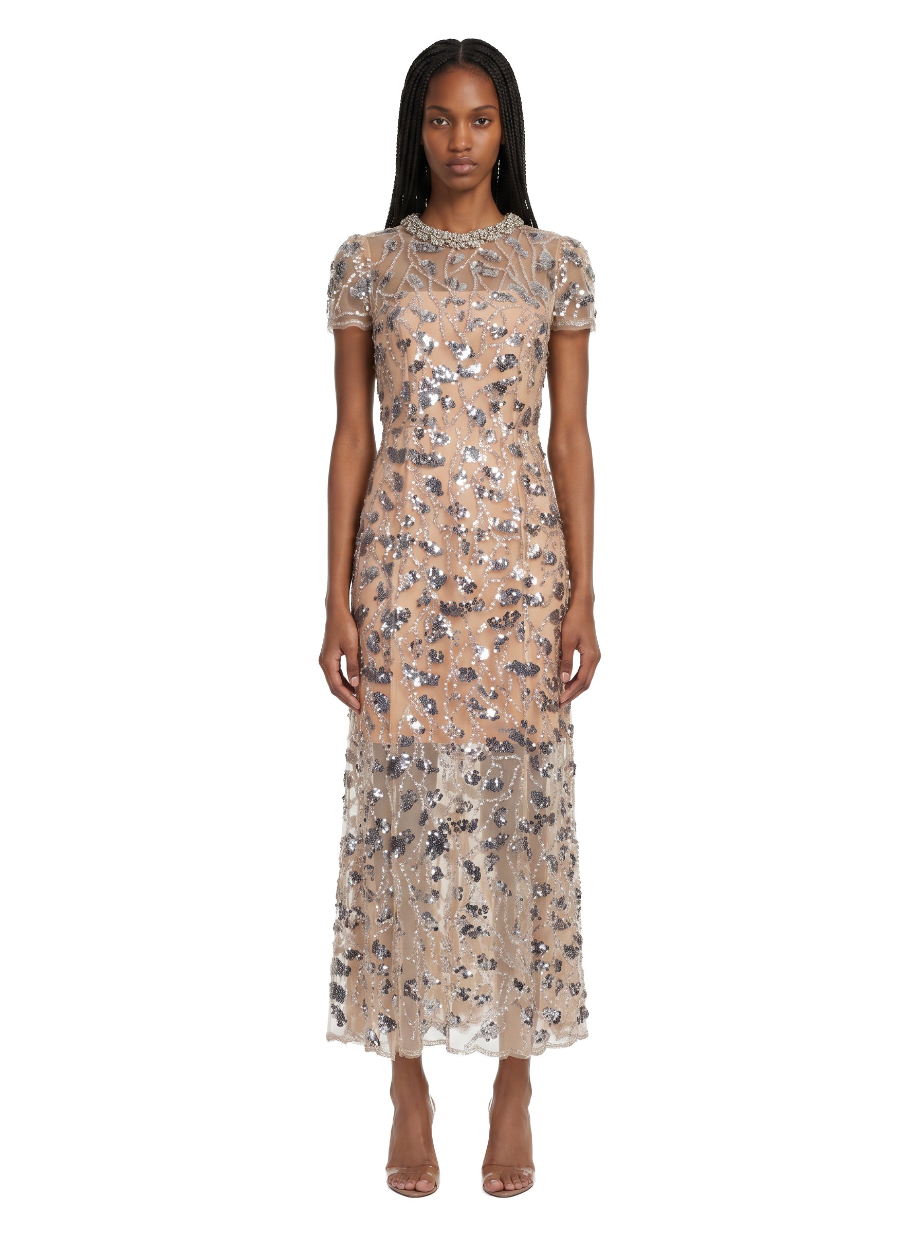 Abito midi con paillettes in beige 