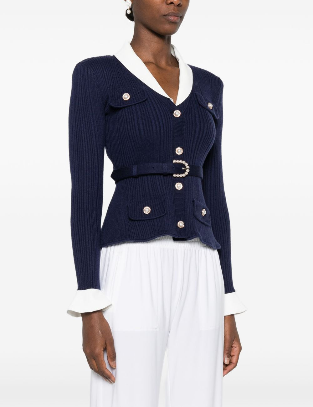 Cardigan a coste con cintura in blu
