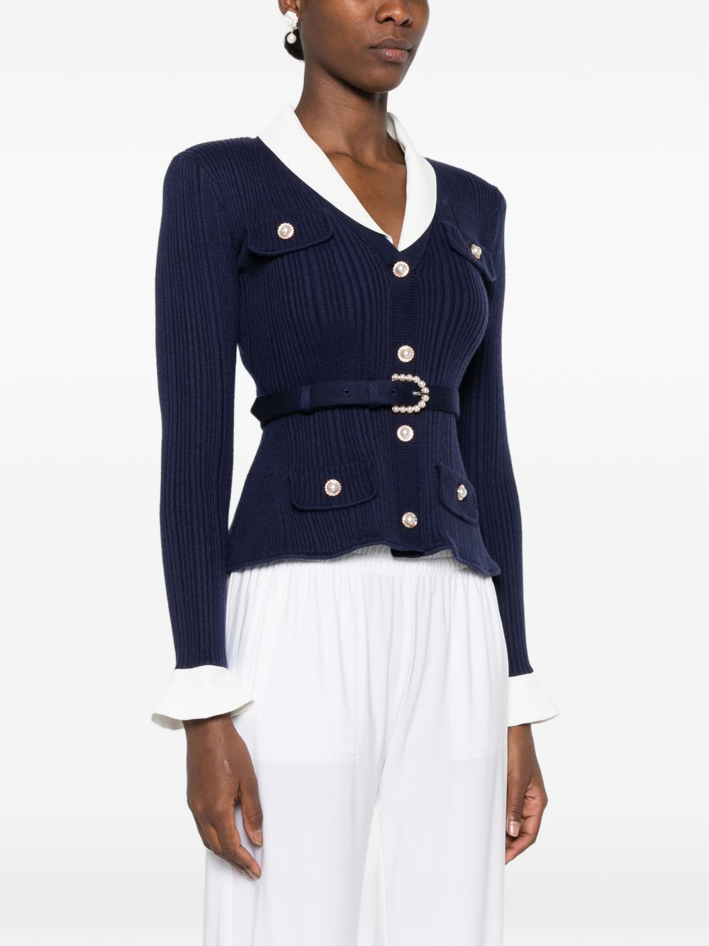 Cardigan a coste con cintura in blu 