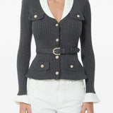 Cardigan a coste con cintura in grigio 