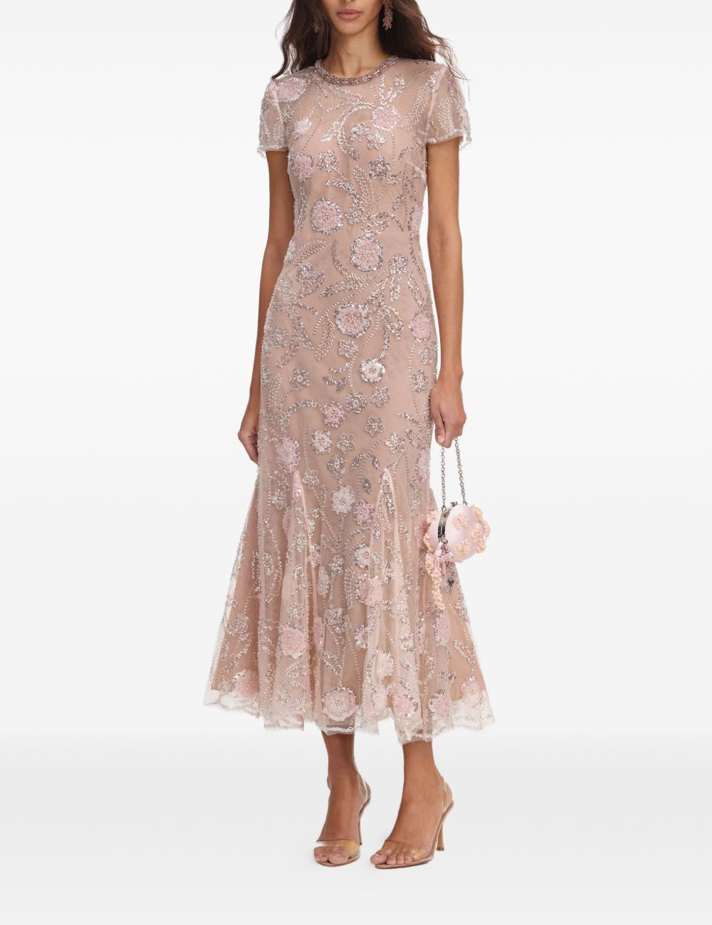 Abito midi con stampa floreale e decorazioni di paillettes in rosa 