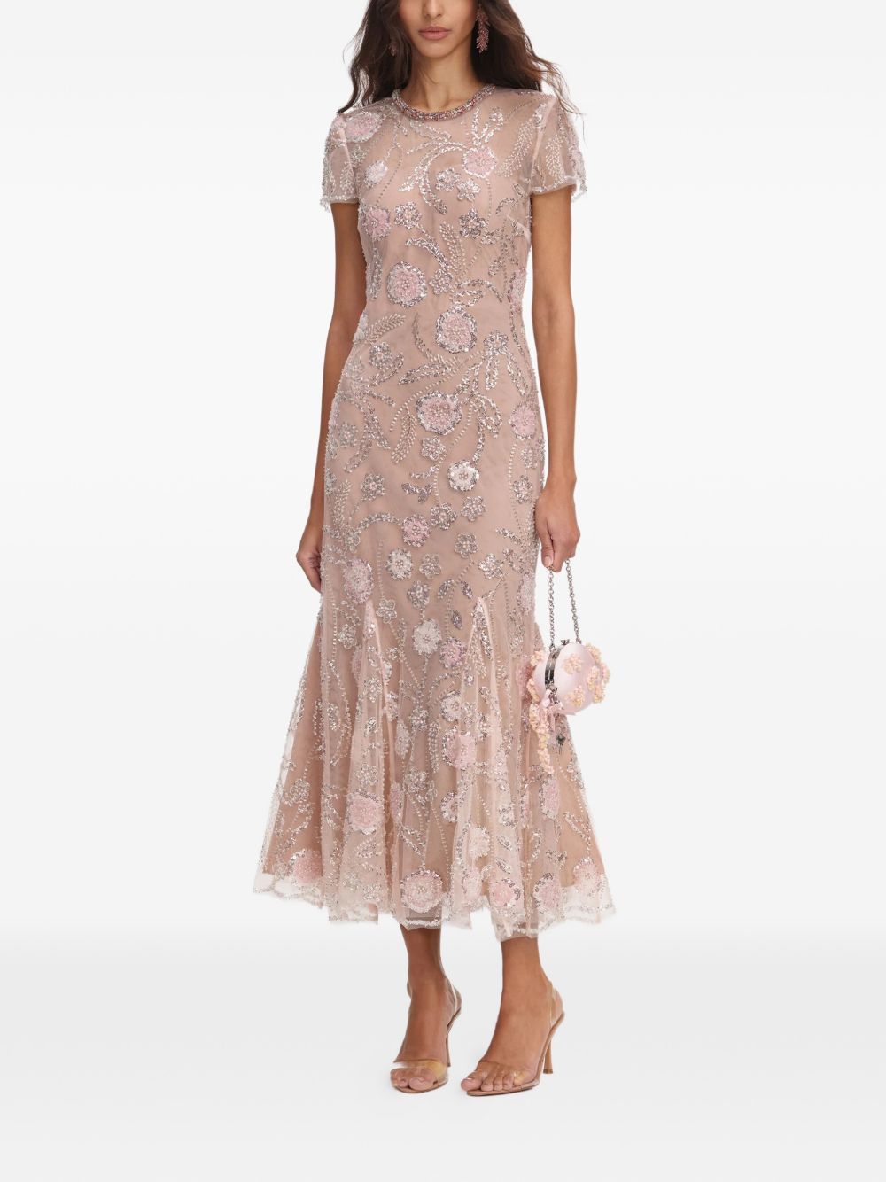 Abito midi con stampa floreale e decorazioni di paillettes in rosa 