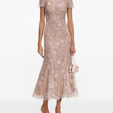 Abito midi con stampa floreale e decorazioni di paillettes in rosa 