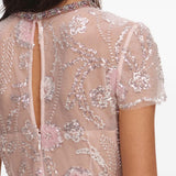 Abito midi con stampa floreale e decorazioni di paillettes in rosa 