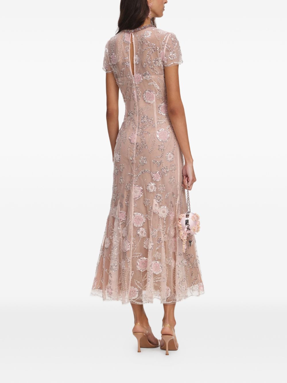Abito midi con stampa floreale e decorazioni di paillettes in rosa 