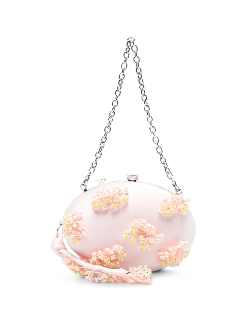Clutch in raso rosa con decorazioni floreali 