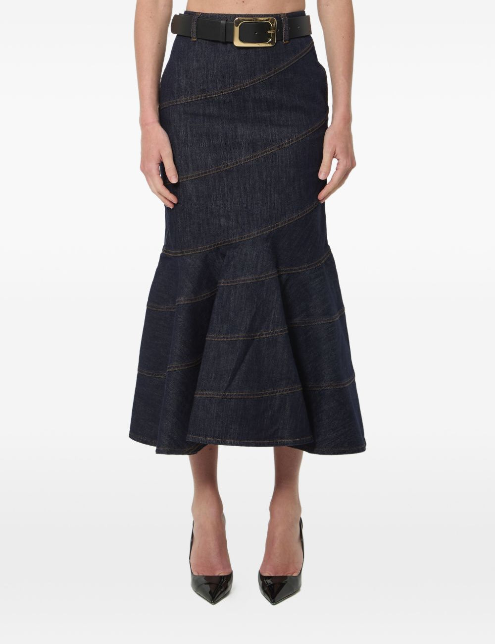 Gonna midi in denim con cintura in blu 