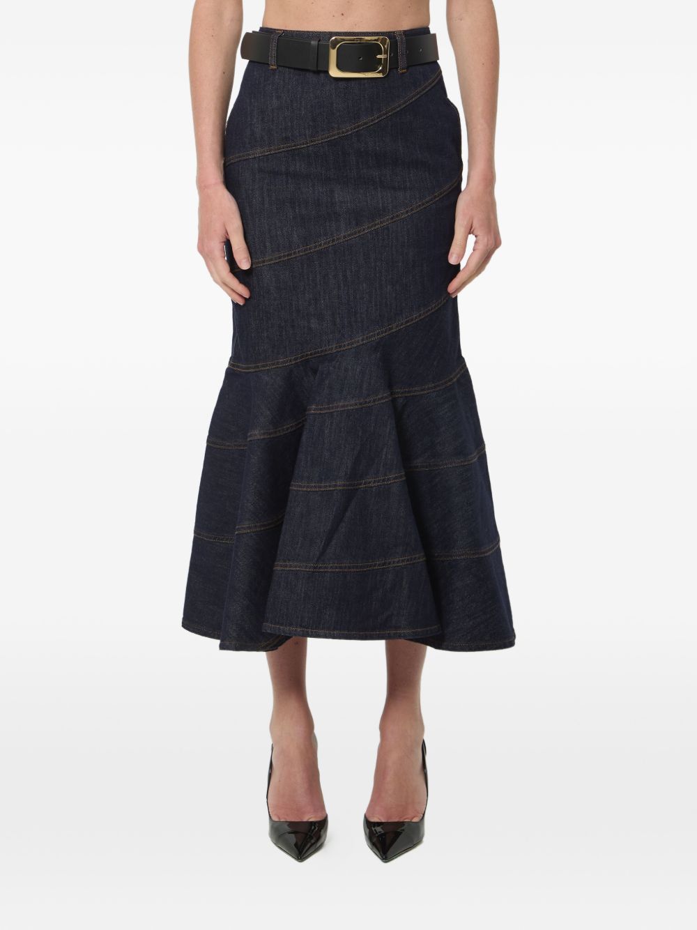 Gonna midi in denim con cintura in blu 