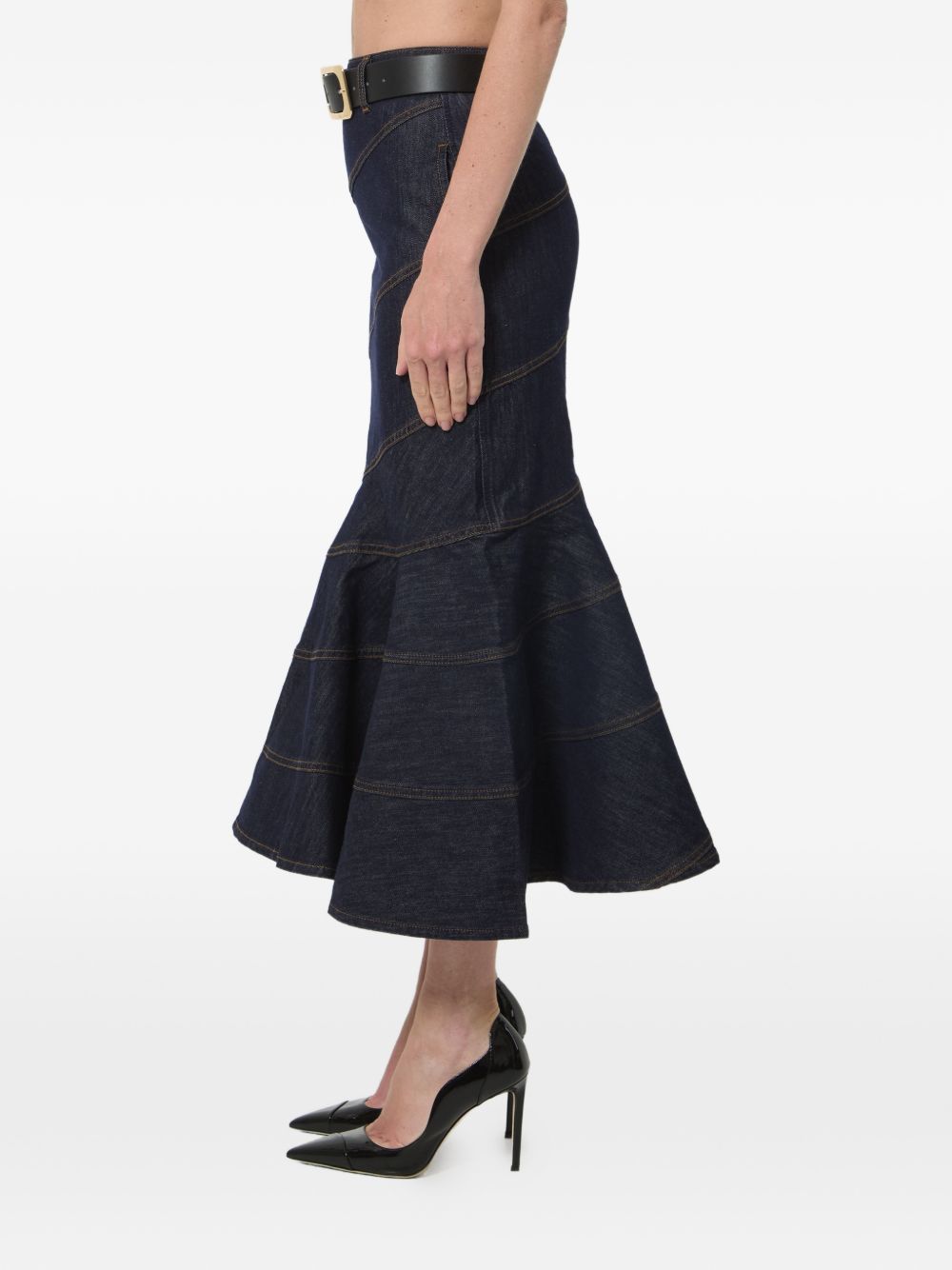 Gonna midi in denim con cintura in blu 