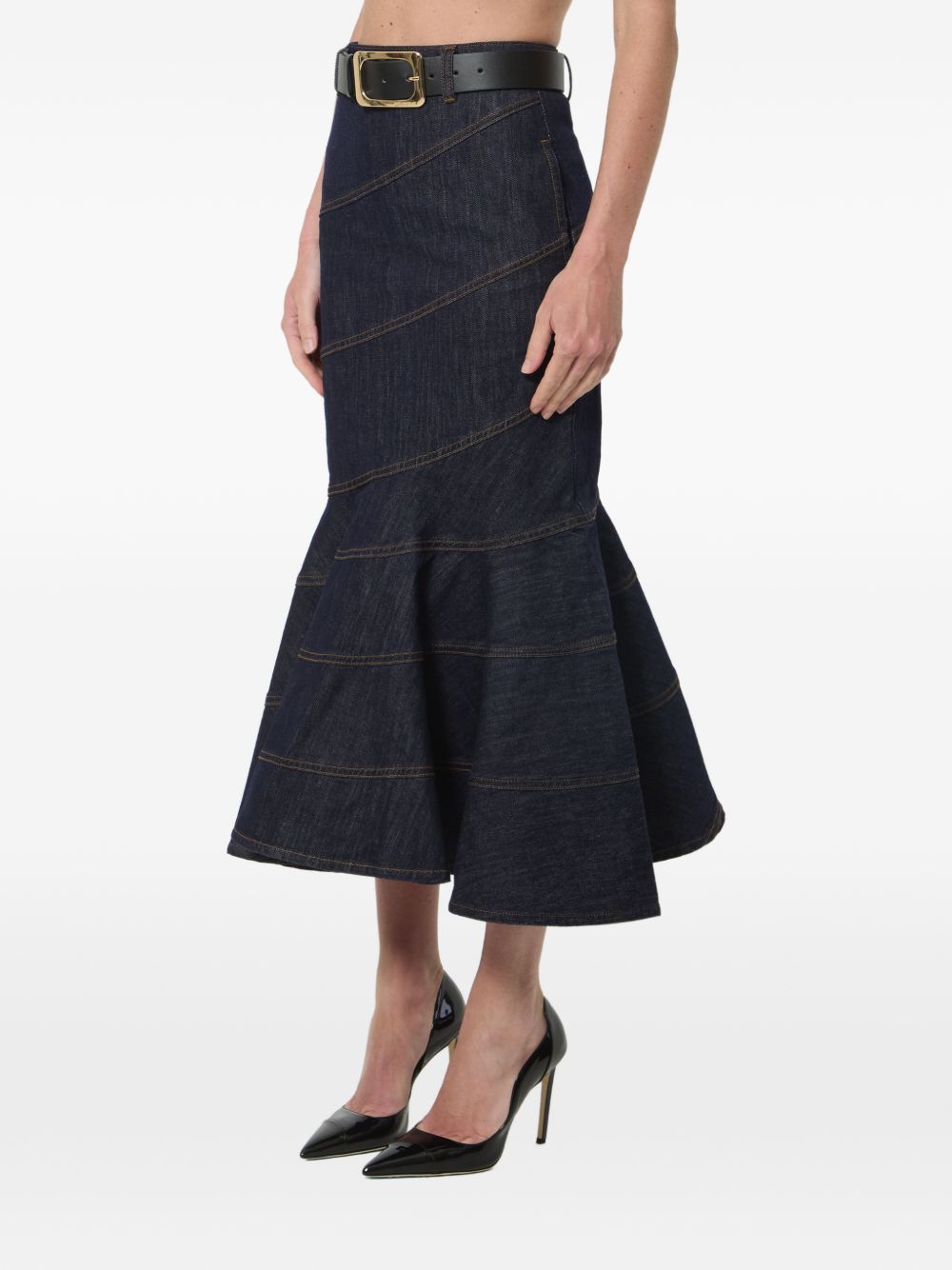 Gonna midi in denim con cintura in blu 