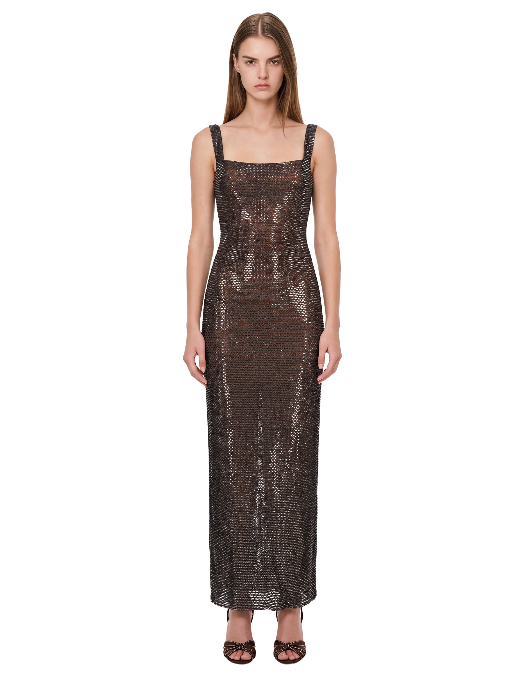 Abito lungo con strass scollo squadrato in marrone 