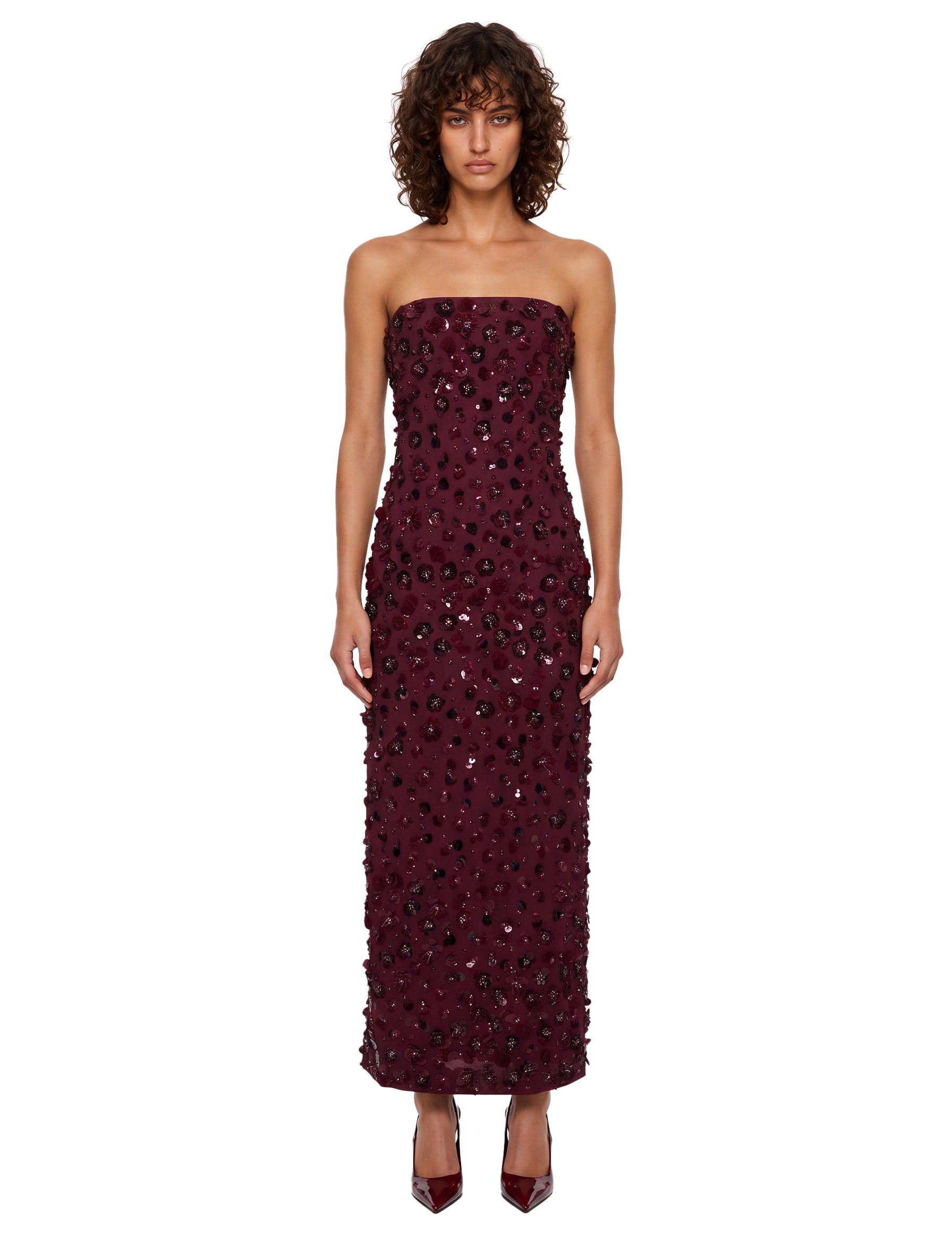 Abito lungo bustier Serafina in bordeaux 