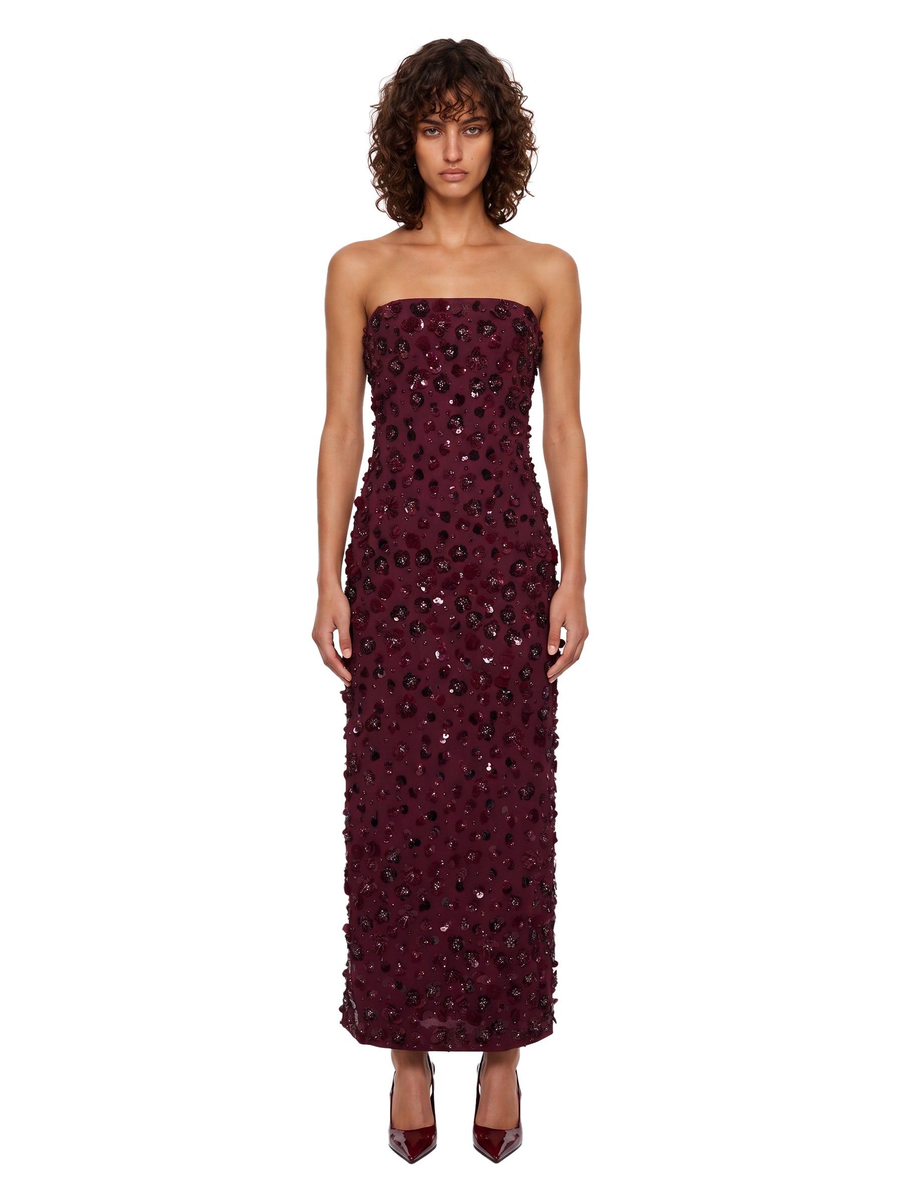 Abito lungo bustier Serafina in bordeaux 