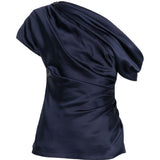 Top in raso monospalla in blu 