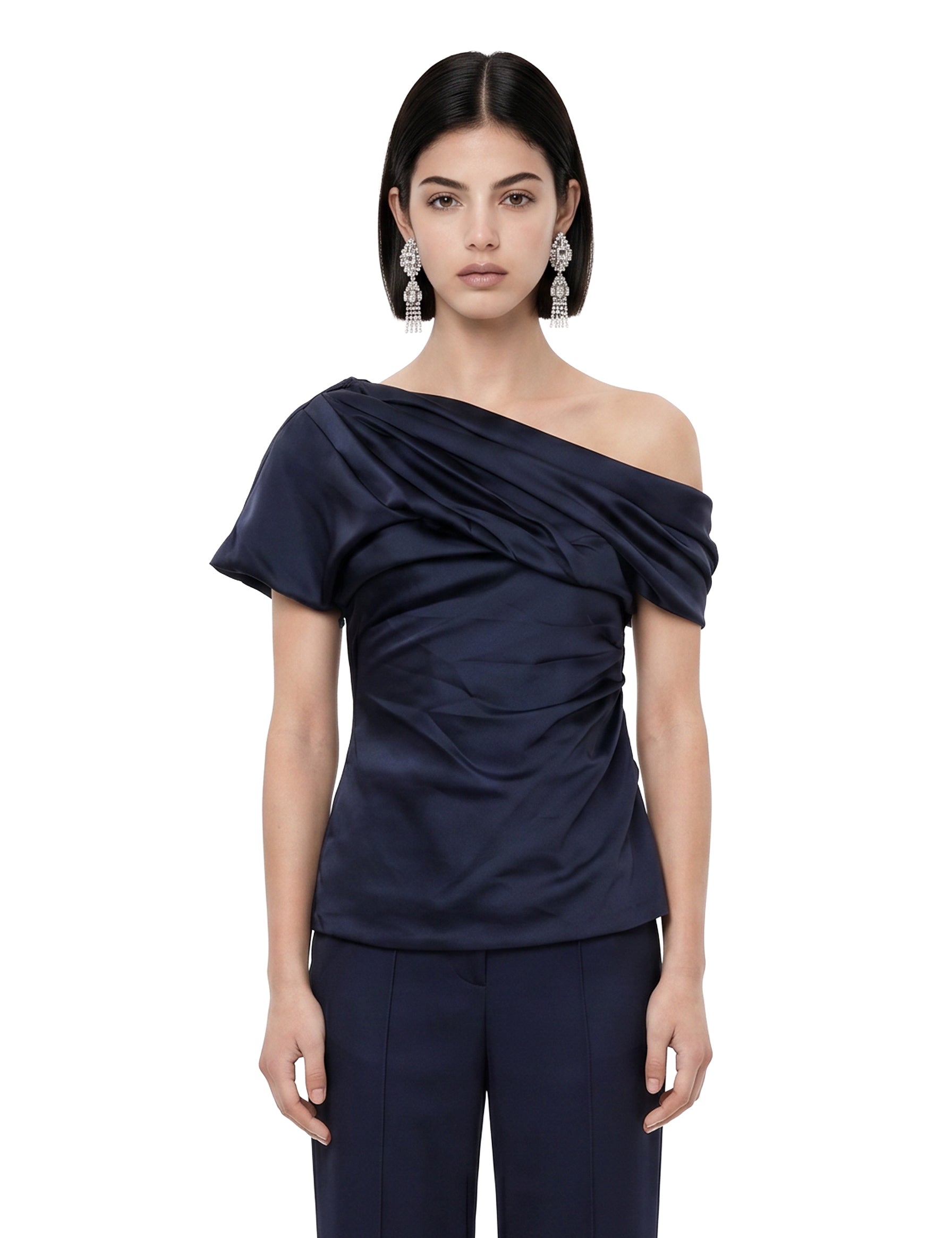 Top in raso monospalla in blu 
