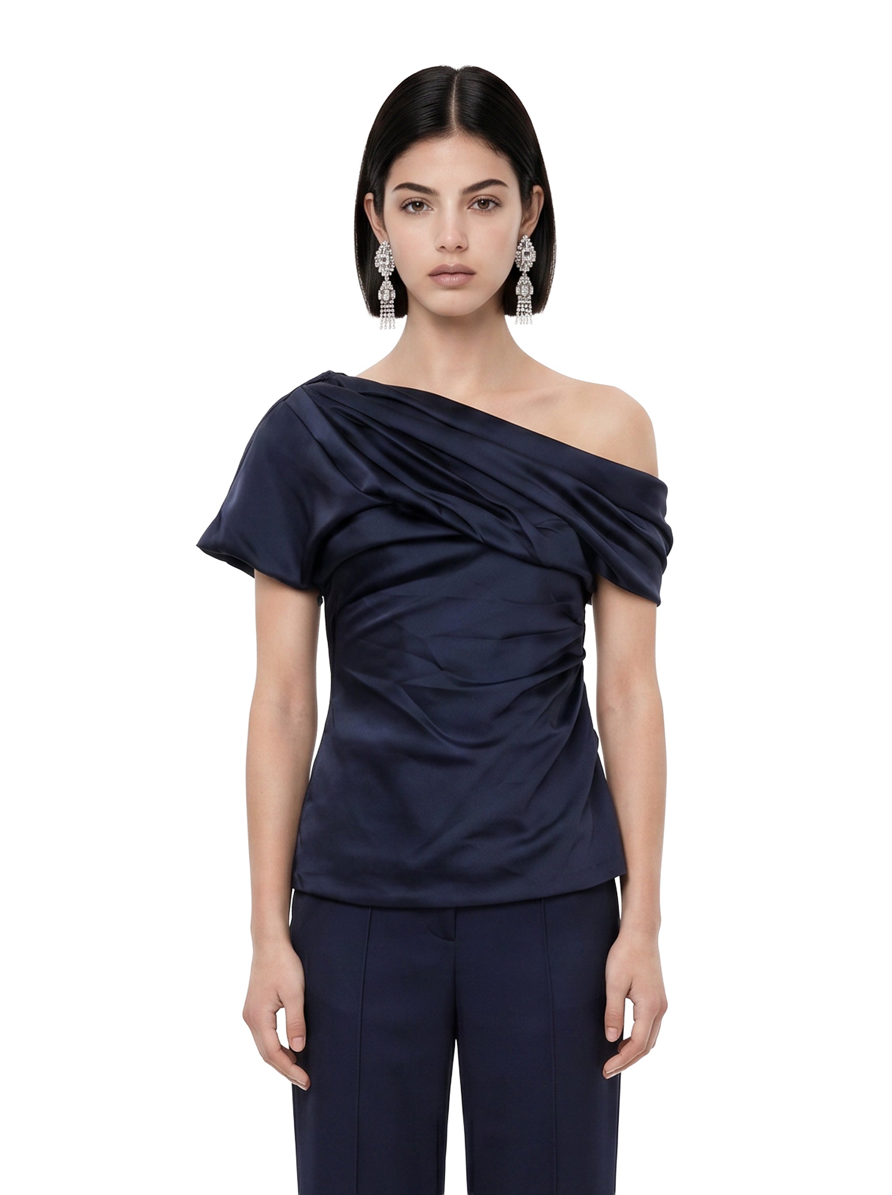 Top in raso monospalla in blu 