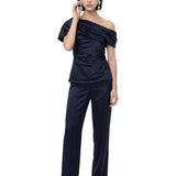 Top in raso monospalla in blu 
