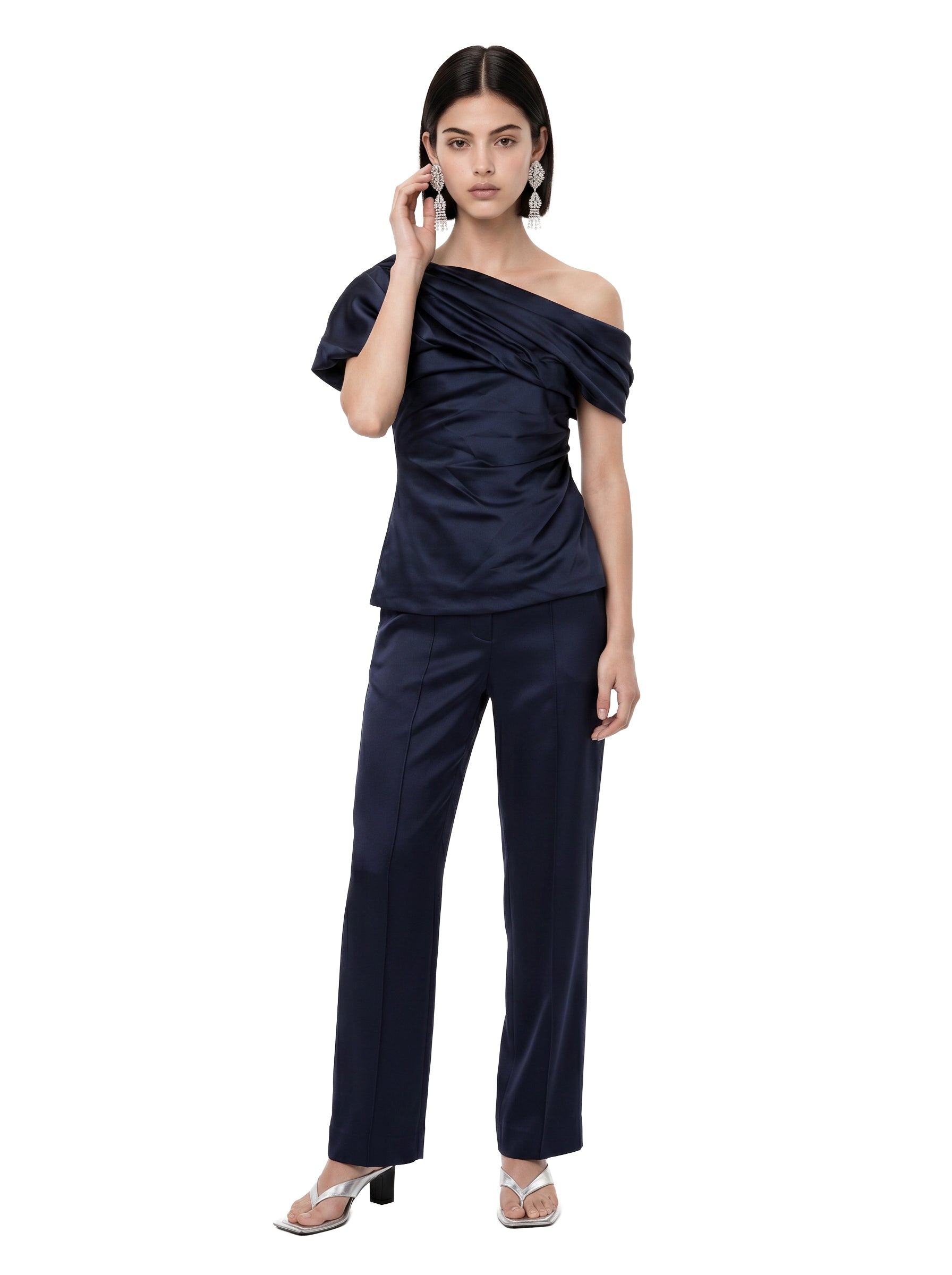 Top in raso monospalla in blu 