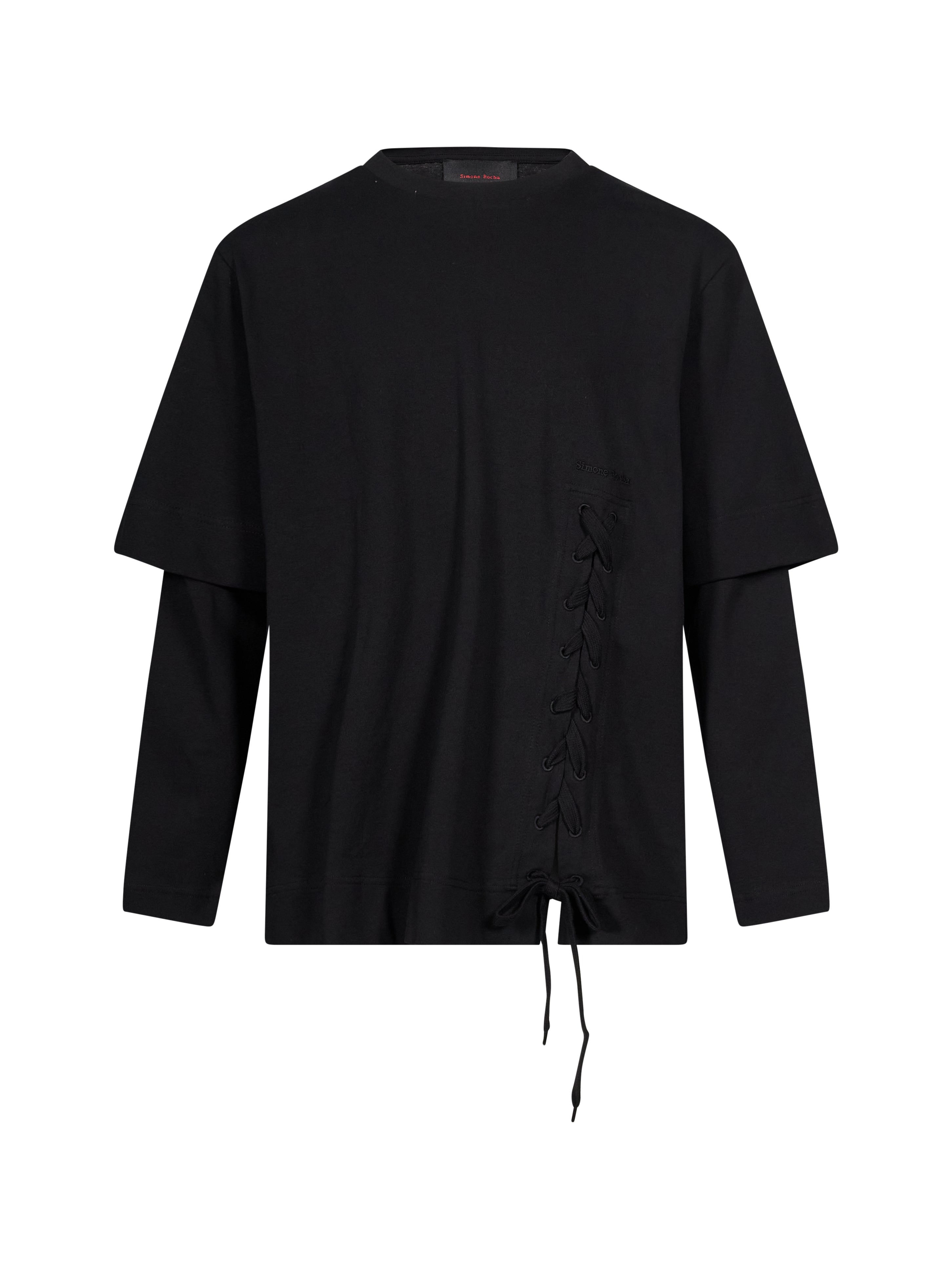 T-shirt a strati con lacci in nero 