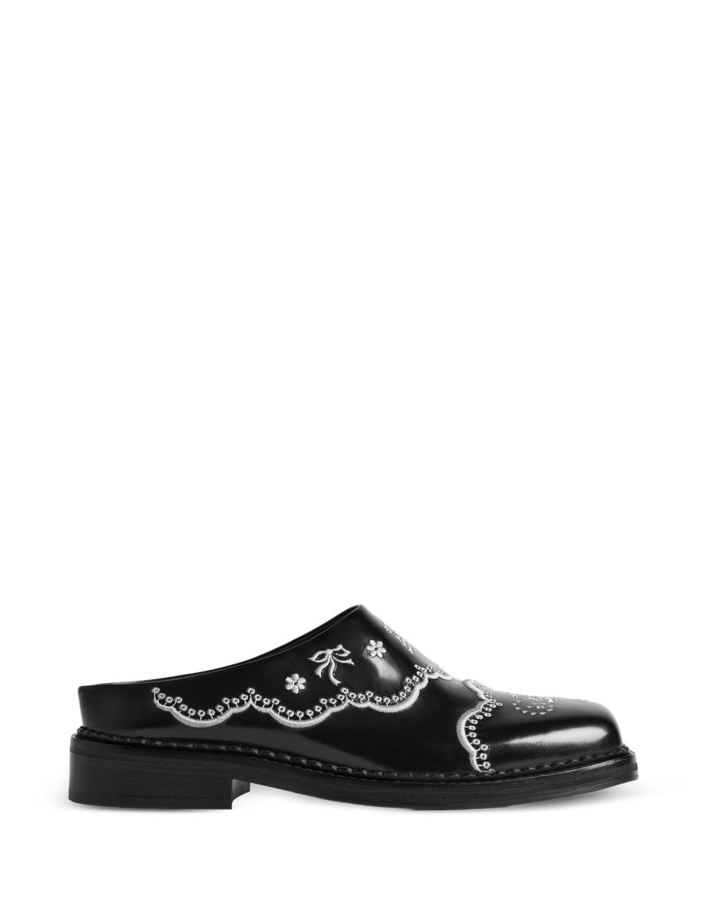 Mules in pelle con pizzo floreale in nero 
